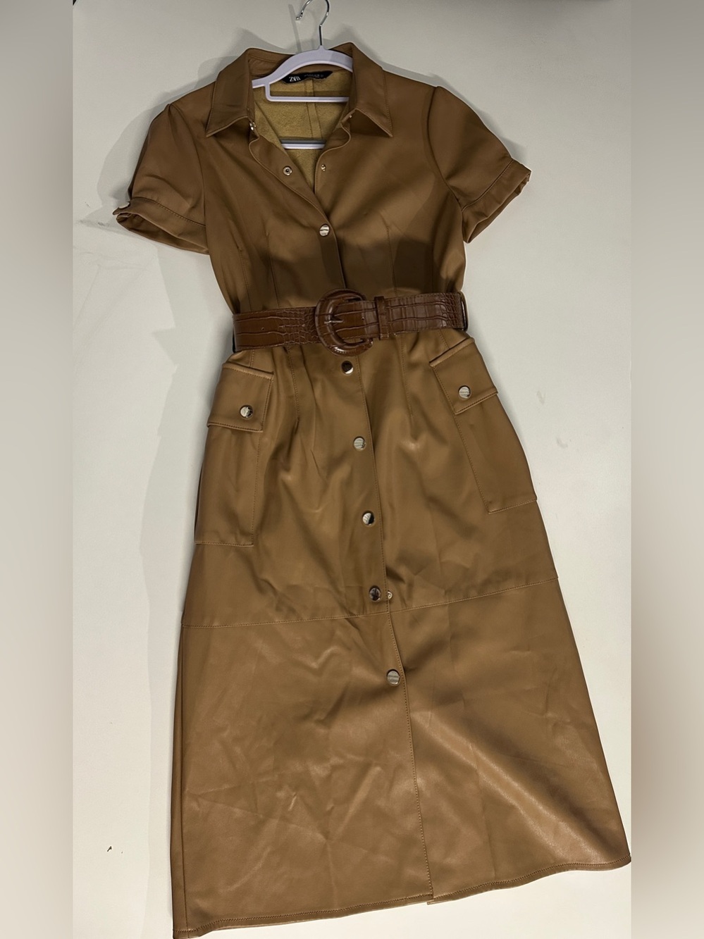 Zara Camel Faux Leather Belted Midi Dress Size Small